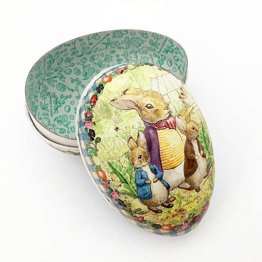 4-1/2" Peter Rabbit Bunny Trio with Gingham Border Papier Mache Easter Egg Container ~ Germany